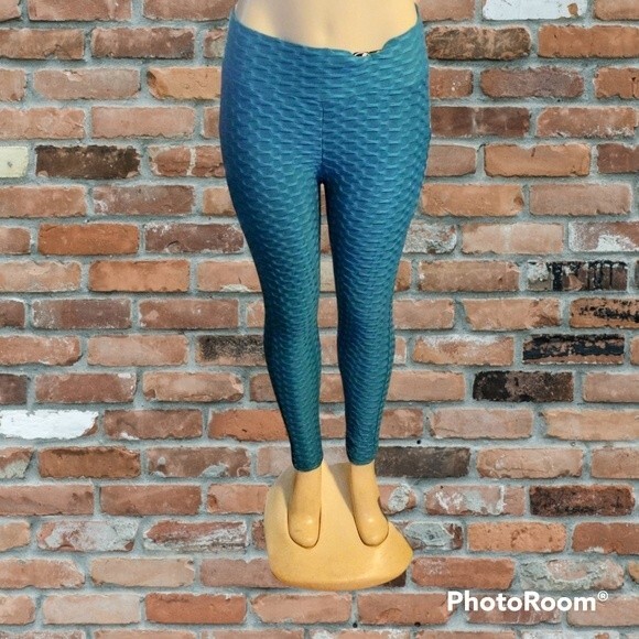 Turquoise Blue Scrunchy Tik Tok Leggings L - Picture 1 of 7